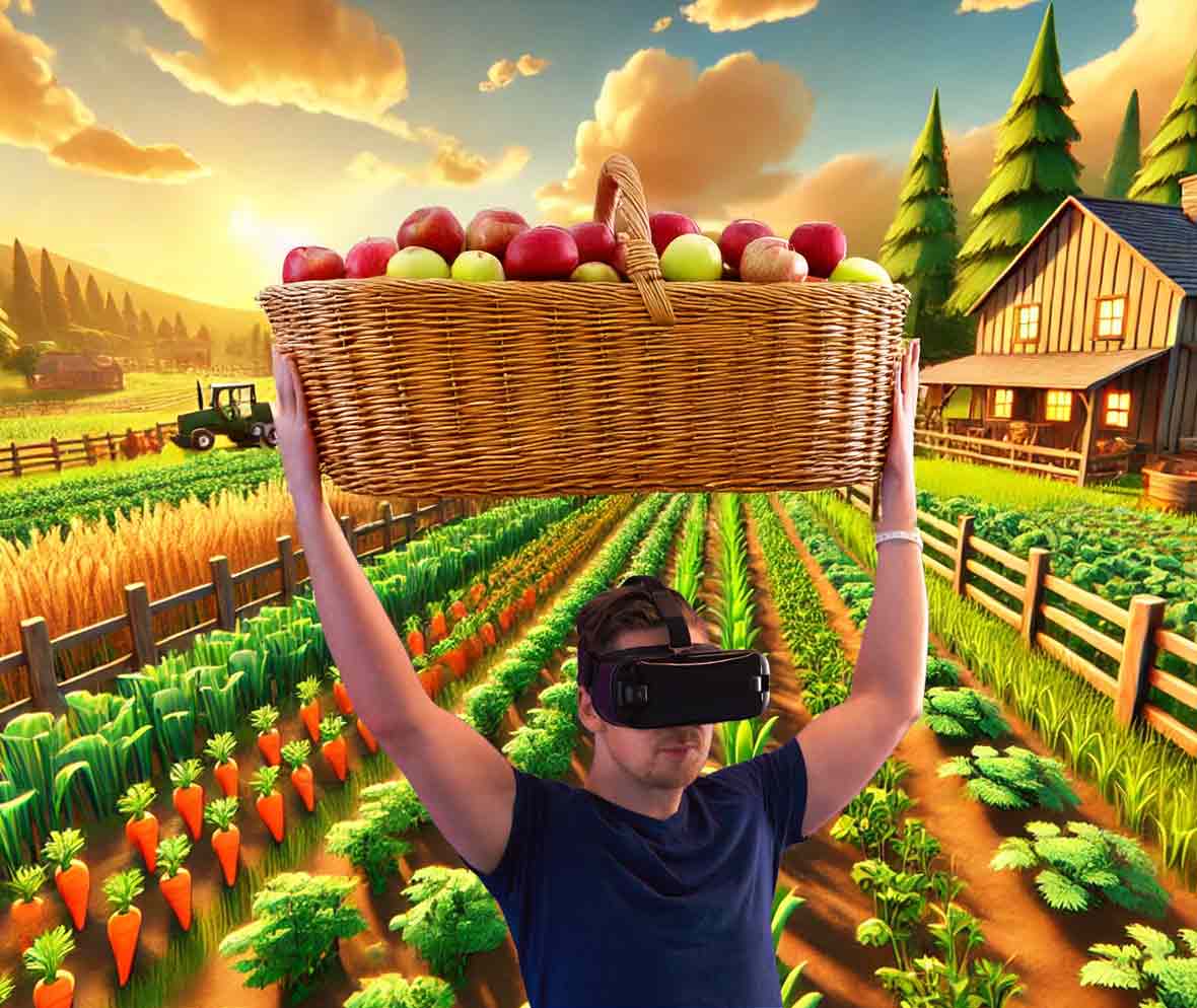 man with basket of apples in VR game