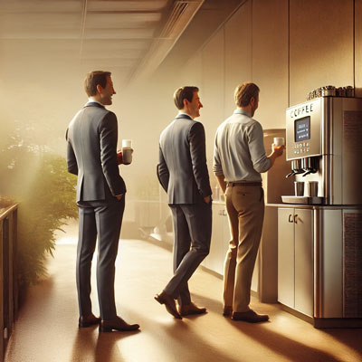 People laughing, in front of a coffee machine, all queuing up for it