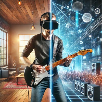 Guy playing guitar, one foot in vr and one foot in reality