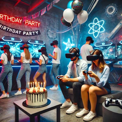 People sitting around a cake with a vr headset on