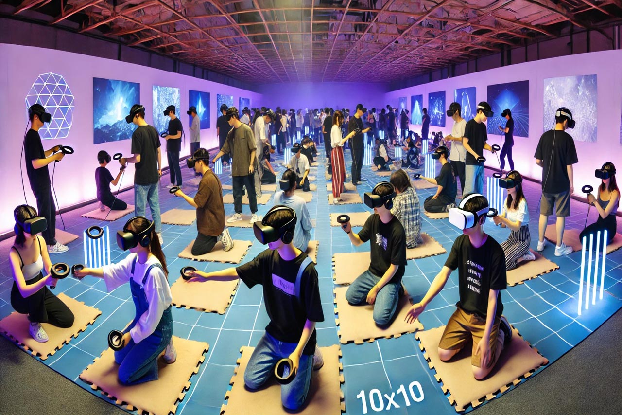 A big complex with some people sitting on their knees, and others standing